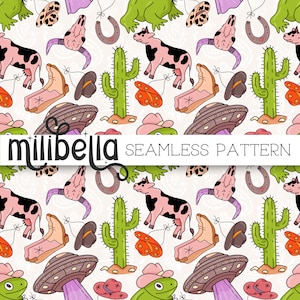 Wild West Seamless Pattern, Cow, UFO, Cowboy Boots, Cactus, Skull, Seamless File, Repeating Pattern, Fabric Design, Surface Pattern