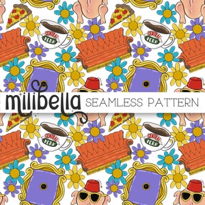 Friends Seamless Pattern, TV Show, Couch, Coffee, 90&#39;s, Hand Drawn, Fabric Design, Seamless File, Repeating Pattern, Surface Pattern