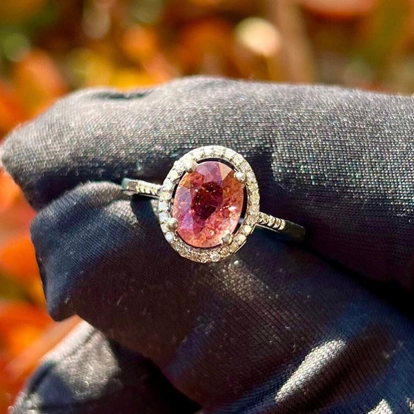 Exceptional solid 14k Gold Pink Tourmaline Oval Gemstone Ring\ Tourmaline Ring with Diamond \ 14K Yellow Gold \ Unique Ring for women