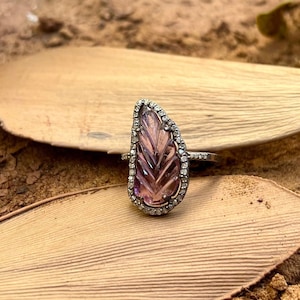 Exceptional solid 14k Gold Tourmaline leaf Carved Gemstone Ring\ Tourmaline Ring with Diamond \ 14K Yellow Gold \ Unique Carving Work Stone
