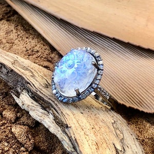 14k Gold Carved Moonstone Ring with Diamond Halo
