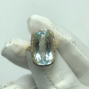 Aquamarine Ring: 14k Yellow Gold, Diamond Halo, Statement Jewelry