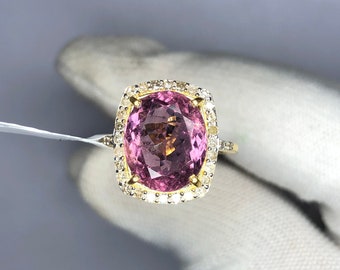 Pink Tourmaline Ring 14K Yellow Gold, Oval Tourmaline Ring, Diamond Tourmaline Ring, Pink Gemstone Ring, Gold Engagement Ring, Promise Ring