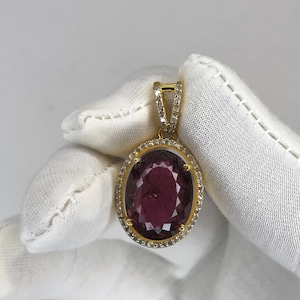 14K Gold Pink Tourmaline Pendant: Dainty Diamond Gemstone