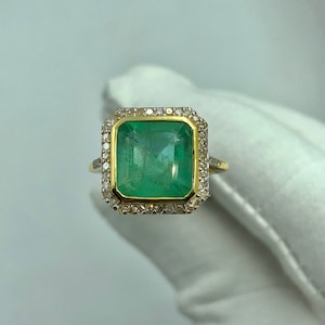 Emerald Cut Natural Emerald And Diamond Ring in 14k gold / Anniversary Ring For Woman&#39;s / Ring For Her / Engagement Ring / gift for her
