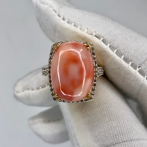 Healing Pink Coral Cab Gold Ring, 14k Yellow Gold Ring - Natural Pink Coral Ring, Anniversary Ring For Woman’s Engagement Ring gift for her