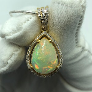Ethiopian Opal Diamond 14k Gold Pendant Necklace: October Birthstone