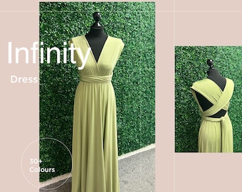 May include: A light green infinity dress with a V-neck and sleeveless design. The dress is shown from the front and back, showcasing the wrap style and criss-cross back detail.  The dress is available in 30+ colors.