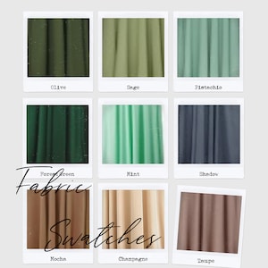 Op de afbeelding: Stofstalen in negen kleuren: olijf, salie, pistache, bosgroen, mint, schaduw, mokka, champagne en taupe. Elke kleur wordt weergegeven op een stofstaal in een Polaroid-stijl frame.