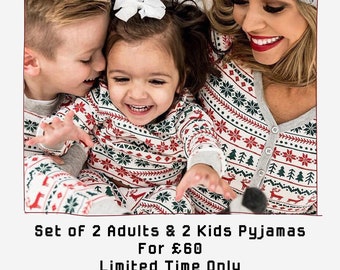 May include: A set of matching pajamas featuring a white base with a repeating pattern of red reindeer, green pine trees, and red snowflakes. The garments include long sleeves and grey trim along the button-down placket and cuffs. Text reads: Set of 2 Adults & 2 Kids Pyjamas For £60 Limited Time Only.
