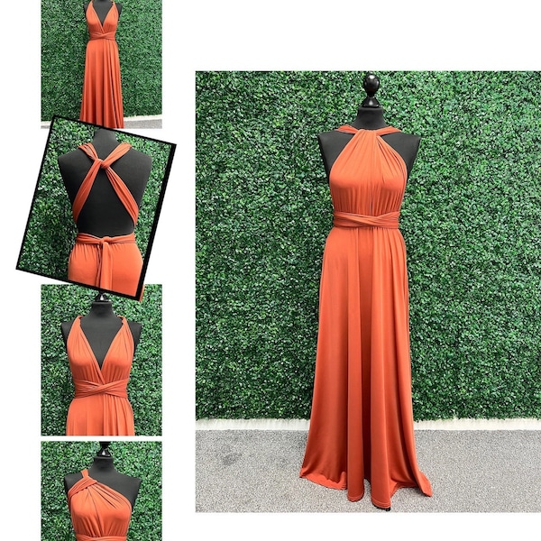 Vestido de dama de honor infinito naranja quemado, vestido de dama de honor Twist Wrap, vestido maxi, vestido multiway naranja quemado, vestido de dama de honor convertible