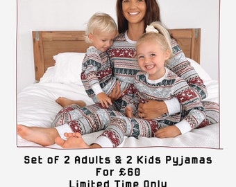 May include: Matching long-sleeve pajama sets featuring a festive pattern of red, white, and dark green geometric shapes, snowflakes, and reindeer silhouettes. The garments have white ribbed cuffs at the wrists and ankles. Text reads: Set of 2 Adults & 2 Kids Pyjamas For £60 Limited Time Only.