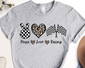 Peace Love Racing Bleached T-Shirt: Checkered Flag Race Track Apparel