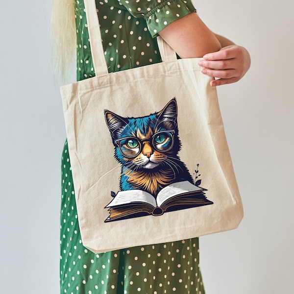 Cat Tote Bag Book Bags, Farmers Market Totes Bag, Indie Screen Printed, Housewares crazy cat, Prints feline, Christmas book lover gift