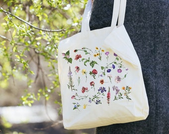 Wildflower Botanical Tote Bag, Aesthetic Floral Canvas