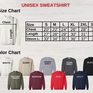 May include: Unisex sweatshirt size chart with measurements in inches for chest, length, and sleeve length. Colour chart shows 10 different sweatshirt colours: white, sand, sport grey, dark grey, black, military green, maroon, red, navy.