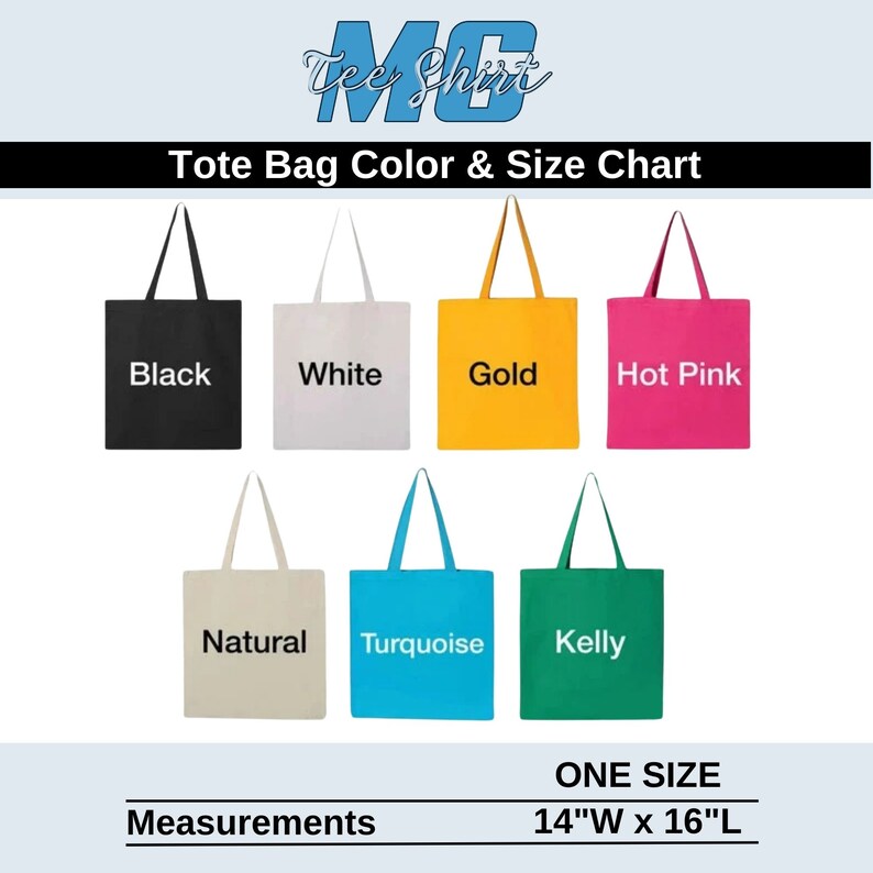 Peut inclure: Tableau des couleurs et des tailles des sacs fourre-tout montrant 8 couleurs diff&eacute;rentes&nbsp;: noir, blanc, or, rose vif, naturel, turquoise, kelly. Le sac fourre-tout est de taille unique, 14 pouces de large sur 16 pouces de long.