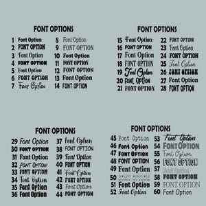 Puede incluir: Gr&aacute;fico en verde claro con las palabras "FONT OPTIONS". La imagen muestra opciones de fuente numeradas del 1 al 60, cada una en un estilo diferente. Es una gu&iacute;a visual para la selecci&oacute;n de fuentes.