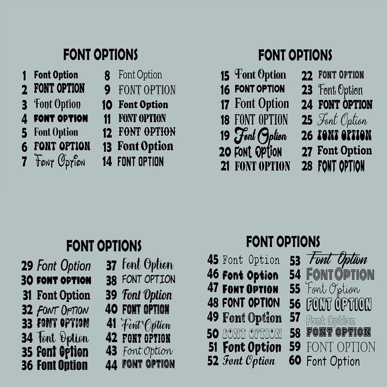 Puede incluir: Gr&aacute;fico en verde claro con las palabras "FONT OPTIONS". La imagen muestra opciones de fuente numeradas del 1 al 60, cada una en un estilo diferente. Es una gu&iacute;a visual para la selecci&oacute;n de fuentes.