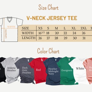 May include: Size chart for V-neck jersey tees in sizes XS to 3XL.  The chart shows width and length measurements in inches.  Color chart shows 10 different colors of tees: black, athletic heather, dark grey heather, red, heather midnight navy, evergreen, white, heather mauve.