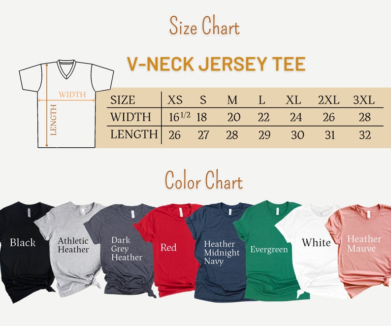 May include: Size chart for V-neck jersey tees in sizes XS to 3XL.  The chart shows width and length measurements in inches.  Color chart shows 10 different colors of tees: black, athletic heather, dark grey heather, red, heather midnight navy, evergreen, white, heather mauve.