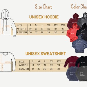 May include: Size chart for unisex hoodies and sweatshirts. The chart shows the width and length measurements in inches for sizes S, M, L, XL, 2XL, and 3XL. The color chart shows different color options for the hoodies and sweatshirts, including maroon, red, black, dark grey heather, and heather navy.