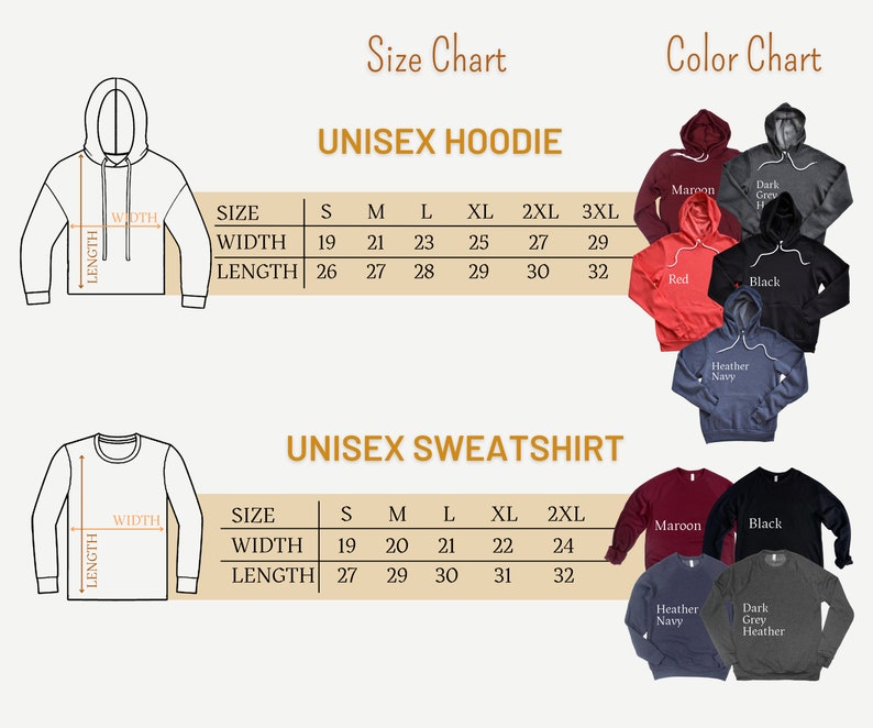 May include: Size chart for unisex hoodies and sweatshirts. The chart shows the width and length measurements in inches for sizes S, M, L, XL, 2XL, and 3XL. The color chart shows different color options for the hoodies and sweatshirts, including maroon, red, black, dark grey heather, and heather navy.