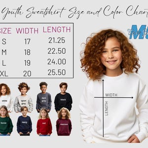 May include: Youth sweatshirt size chart with measurements in inches. The chart shows the width and length of the sweatshirt in inches for sizes S, M, L, and XL. The chart also includes a color chart with different colors of sweatshirts, including white, sport grey, dark grey, black, forest, navy, red, and maroon.