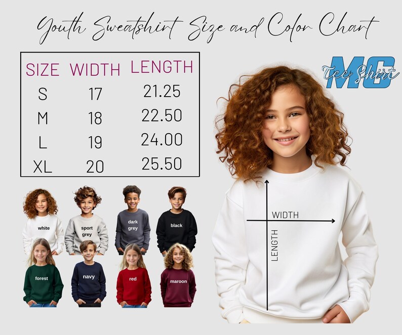 May include: Youth sweatshirt size chart with measurements in inches. The chart shows the width and length of the sweatshirt in inches for sizes S, M, L, and XL. The chart also includes a color chart with different colors of sweatshirts, including white, sport grey, dark grey, black, forest, navy, red, and maroon.