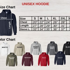 May include: Unisex hoodie size chart with measurements in inches for chest, length, and sleeve length. Colour chart shows 10 different hoodie colours: white, sand, sport grey, dark grey, black, military green, maroon, red, navy.