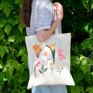 May include: A white canvas tote bag with a floral design. The flowers are pink, yellow, and orange. The bag has two straps.