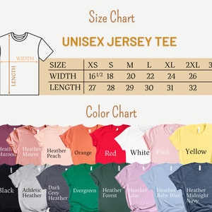 May include: Unisex jersey tee size chart with measurements in inches for width and length. Color chart with 16 different colors of t-shirts.