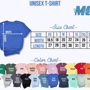May include: Unisex t-shirt size chart with measurements in inches. The chart shows sizes XS to 3XL. Color chart shows 18 different colors of t-shirts.