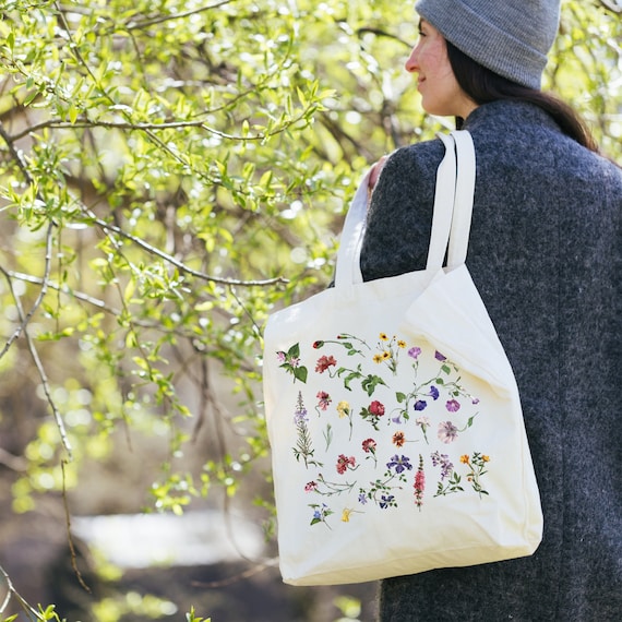 Wildflower Botanical Tote Bag, Aesthetic Floral Canvas