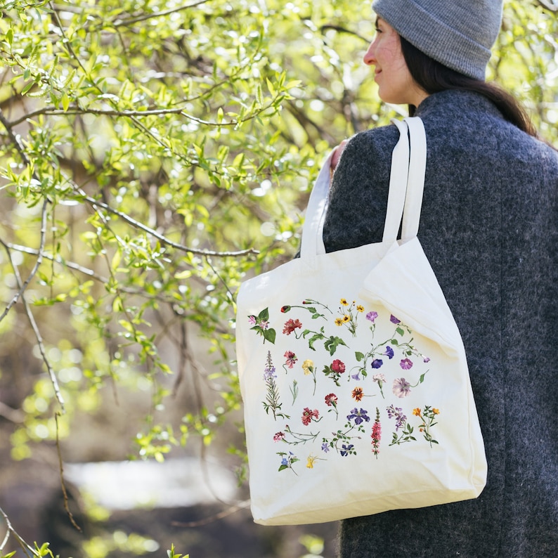 Peut inclure: Un sac fourre-tout blanc avec un imprim&eacute; floral repr&eacute;sentant diff&eacute;rentes fleurs dans des tons de rose, violet, jaune et vert. Le sac a deux longues poign&eacute;es et est tenu par une personne.