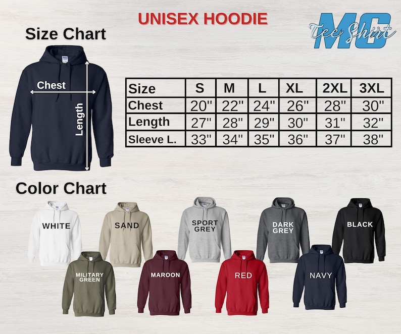 May include: Unisex hoodie size chart with measurements in inches for chest, length, and sleeve length. Color chart shows 12 different colors of hoodies: white, sand, sport grey, dark grey, black, military green, maroon, red, navy, teal, purple, and pink.