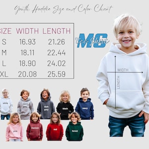 May include: Youth hoodie size chart with measurements in inches. The chart shows the width and length of the hoodie in sizes S, M, L, and XL. A model is wearing a white hoodie with a hood. Below the model are different color options for the hoodie, including white, sport grey, dark grey, black, navy, pink, maroon, red, and forest.