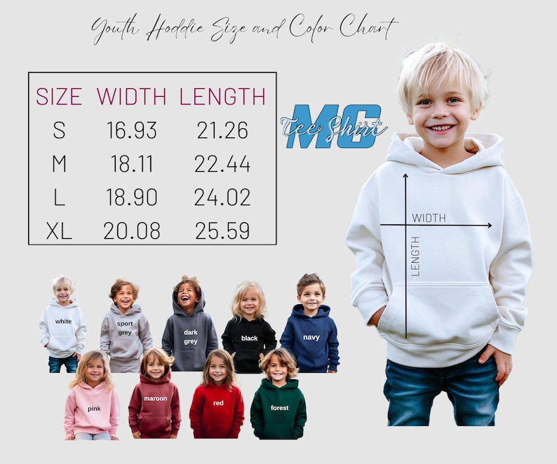 May include: Youth hoodie size chart with measurements in inches. The chart shows the width and length of the hoodie in sizes S, M, L, and XL. A model is wearing a white hoodie with a hood. Below the model are different color options for the hoodie, including white, sport grey, dark grey, black, navy, pink, maroon, red, and forest.