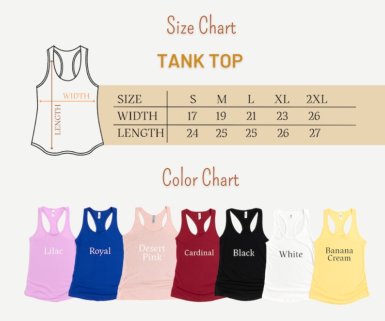 May include: Size chart for tank tops with measurements in inches.  Colors include lilac, royal, desert pink, cardinal, black, white, and banana cream.