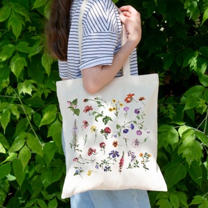 Peut inclure: Un sac fourre-tout en toile blanche avec un imprim&eacute; floral repr&eacute;sentant diff&eacute;rentes fleurs dans des tons de rose, violet, jaune et rouge. Les fleurs sont dispos&eacute;es de mani&egrave;re al&eacute;atoire sur le sac.