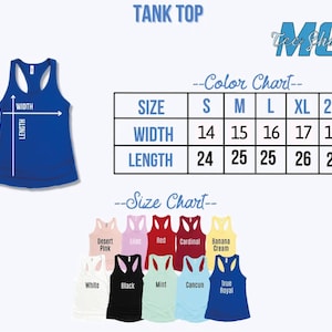Puede incluir: Una camiseta sin mangas azul real con una tabla de tallas que muestra las medidas de ancho y largo en cent&iacute;metros. La tabla de colores muestra varios colores de camisetas sin mangas, incluyendo blanco, negro y menta. El texto "TANK TOP" est&aacute; en la parte superior.