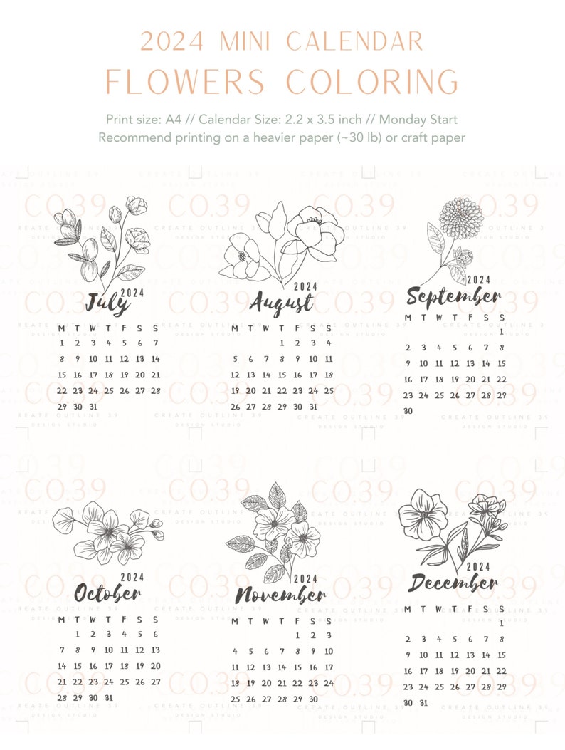 Flowers Coloring Printable 2024 Mini Calendar. Monday Start - Etsy