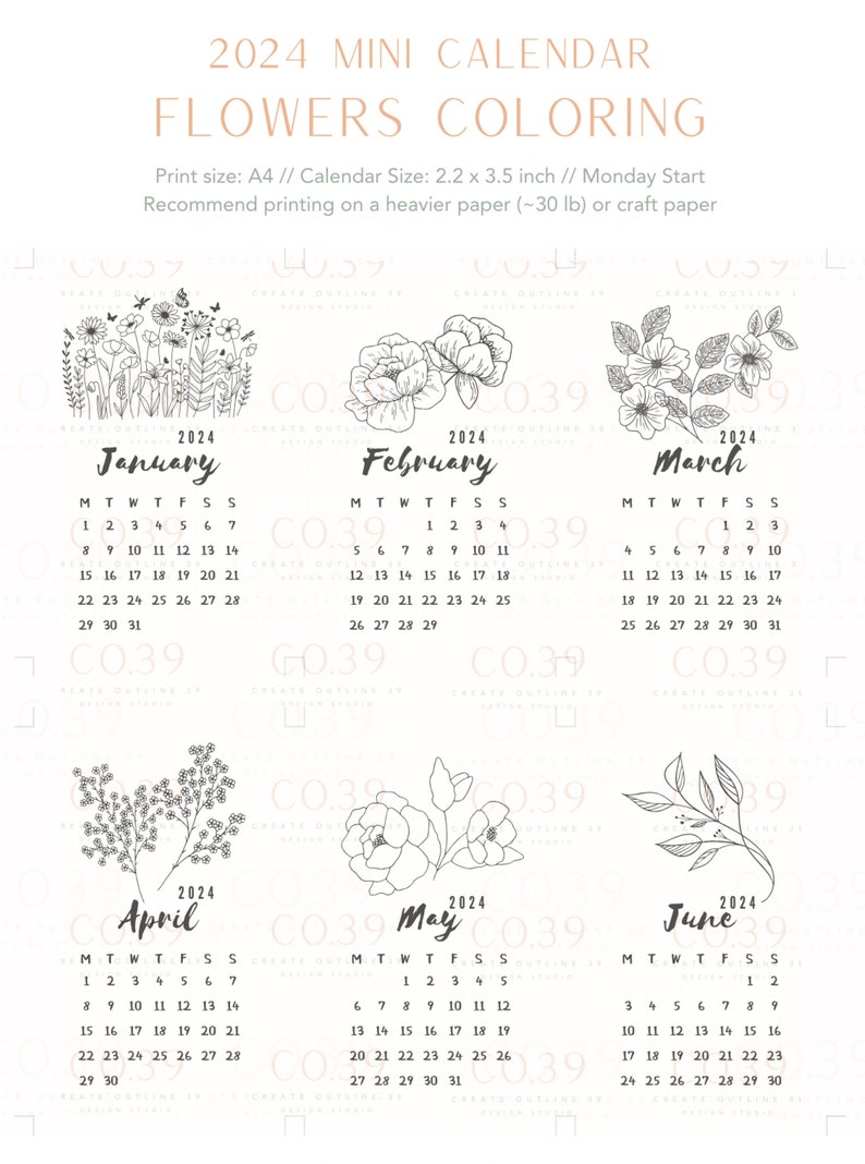Flowers Coloring Printable 2024 Mini Calendar. Monday Start, Instant