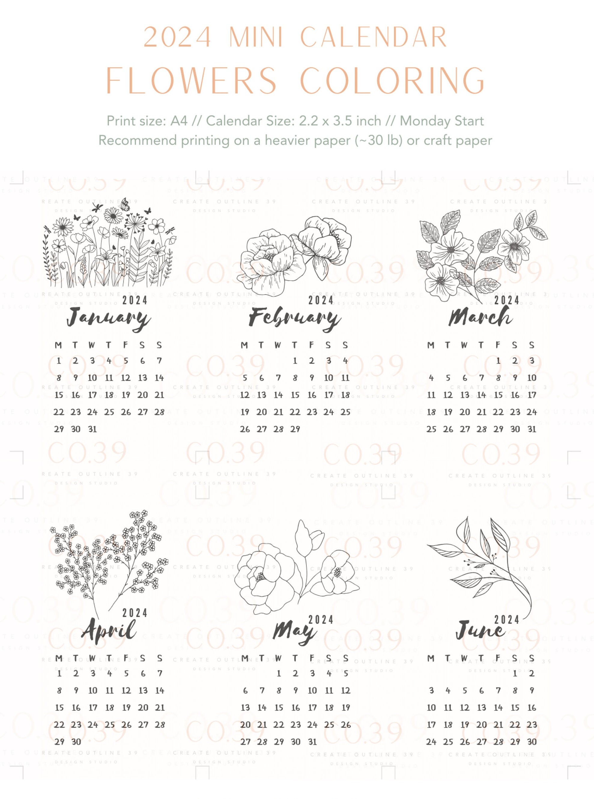 Flowers Coloring Printable 2025 Mini Calendar. Monday Start, Instant