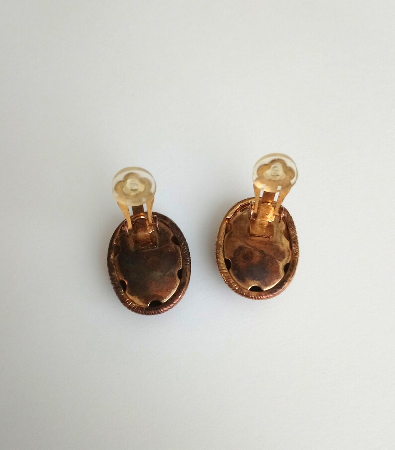 Vintage oval metal copper color clip on earrings Brushed earrings For her