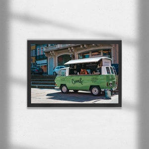 Porto Afternoon Combi Cafe Scene with Vintage Food Cart Colour Photography Print, Portugal Art Scene Photo, World Travel Wall Art Gift