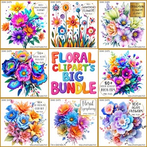 Enorme bloemen clipartbundel van 1000+ png-bestanden | Neon, agaat, grillig, regenboogkleuren, 3D-bloemen voor sublimatie en digitale kunstprojecten
