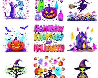 Rainbow Halloween Clipart-paket: 120+ färgglada PNG-grafik (digital nedladdning)