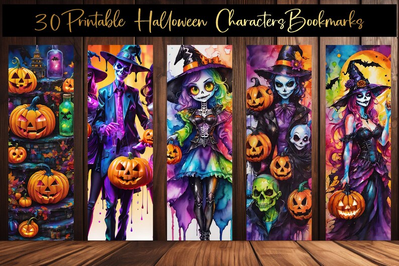 Puede incluir: Conjunto de 30 marcadores de libros imprimibles de personajes de Halloween. Los marcadores presentan ilustraciones coloridas de personajes espeluznantes, incluyendo un esqueleto, una bruja y un vampiro. Cada marcador est&aacute; decorado con calabazas, murci&eacute;lagos y otros elementos con tem&aacute;tica de Halloween.