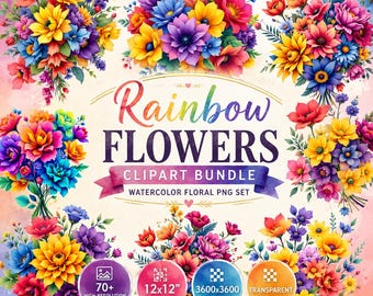 May include: A digital clipart bundle featuring watercolor floral arrangements in vibrant colors. The image includes bouquets of red, yellow, purple, and blue flowers. Text reads "Rainbow Flowers Clipart Bundle" and details about the PNG files.